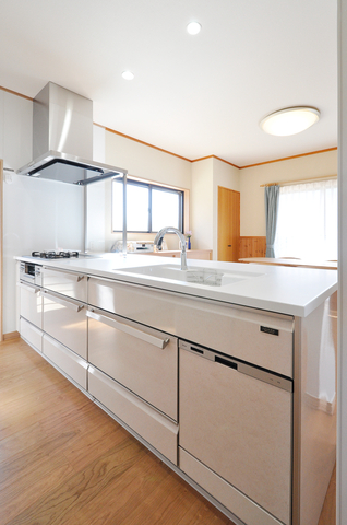 キッチンは廊下物入れ、廊下までスペースを広げ、フラット対面へとレイアウト変更...