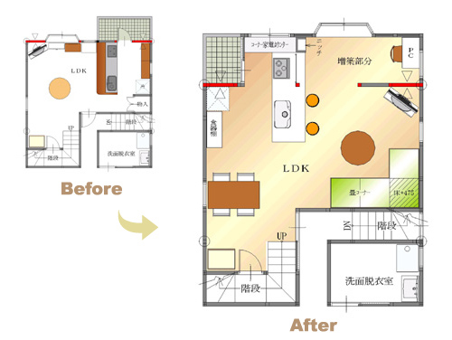 自然と家族が集まるフラット対面キッチンを中心としたLDK　平面図
