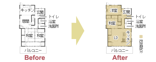 間取り変更でゆったりと暮らせる明るい二世帯住宅　平面図