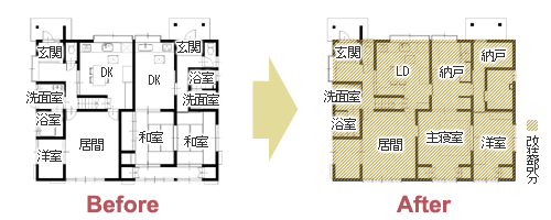 完全分離型二世帯住宅をバリアフリー＆防犯性の高い住まいへ　平面図
