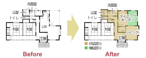 増築で実現した対面キッチンのある広々LDK　平面図
