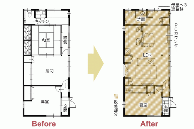 離れをリノベでノスタルジックな佇まいに 一部共有型の二世帯住宅　平面図