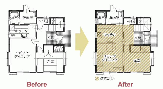 孫とお料理を楽しむための広々L型キッチン ポイントは交差しない導線設計　平面図