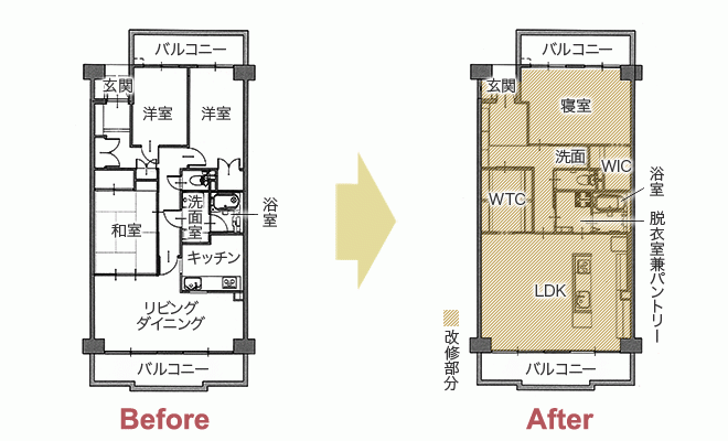 ウォークスルー収納が快適さの秘訣 中古リノベで理想のわが家に　平面図