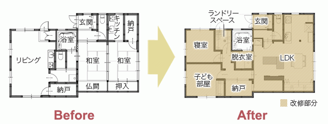おしゃれな洗面コーナーがあるリビング 新しい生活様式を見据えた住まいに　平面図