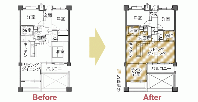 キッチンからリビングも子ども部屋も見守れる住まいへ　平面図