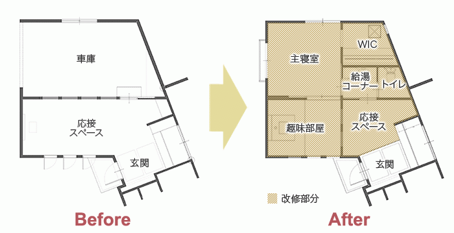 車庫をご夫婦の新たな寝室+収納に トイレやミニキッチンなど水回り設備も新設　平面図