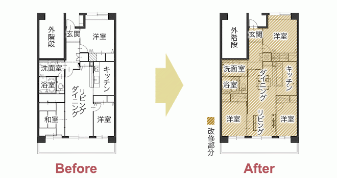 戸建住宅からマンションへの住み替え 中古物件をリフォームで新築のような仕上がりに　平面図