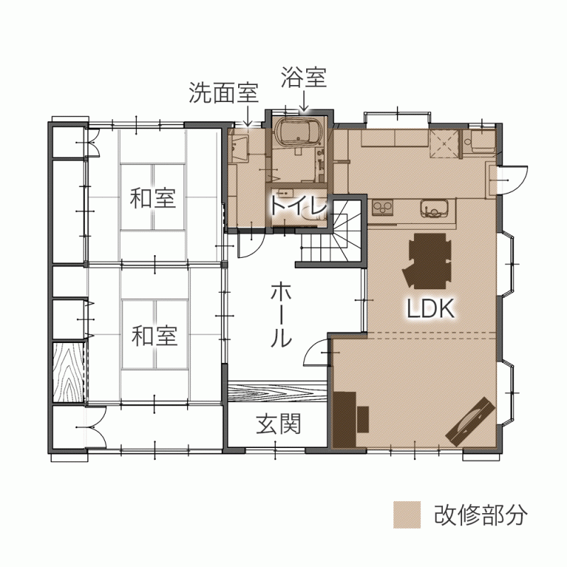 フルフラット対面＋天井までのパントリー棚 家族並んで食事の用意ができる快適キッチンに　平面図