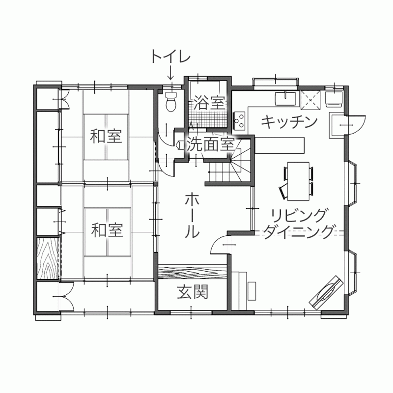 フルフラット対面＋天井までのパントリー棚 家族並んで食事の用意ができる快適キッチンに　平面図