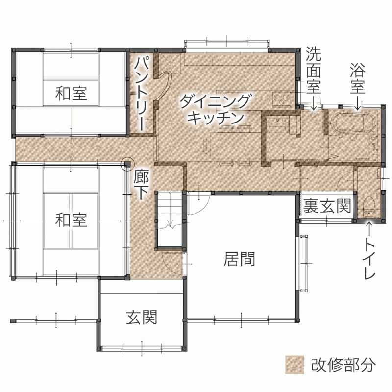 廊下をダイニングキッチンに取り込んでスムーズな家事導線をつくる　平面図