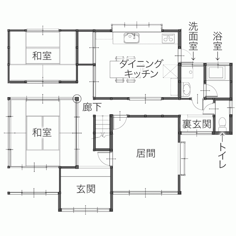 廊下をダイニングキッチンに取り込んでスムーズな家事導線をつくる　平面図