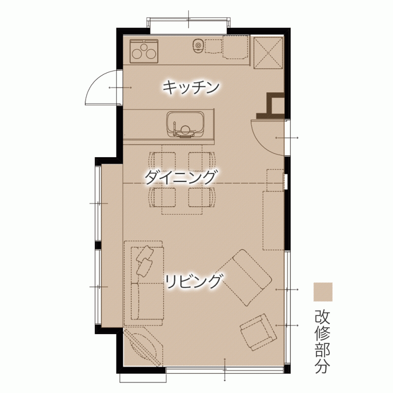 Ⅱ型キッチンにリフォームすることで叶えた明るく快適なLDK　平面図