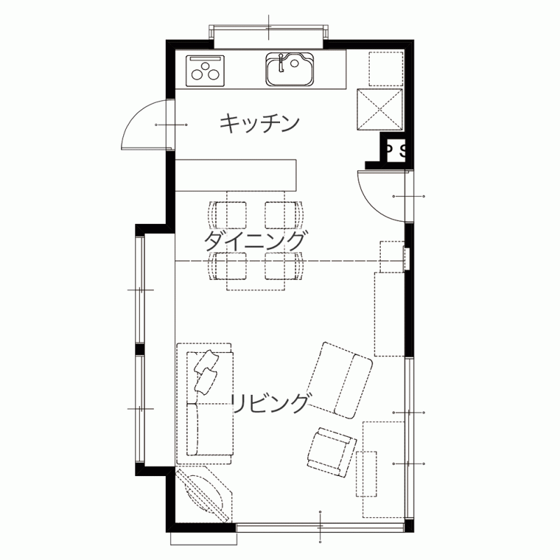 Ⅱ型キッチンにリフォームすることで叶えた明るく快適なLDK　平面図