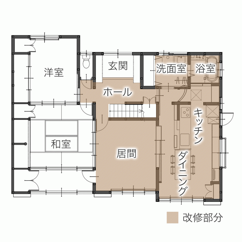 回遊パントリーと対面キッチンで家事動線の良い住まいへ　平面図