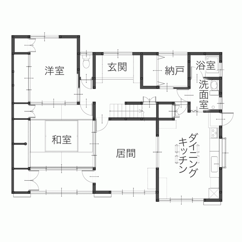 回遊パントリーと対面キッチンで家事動線の良い住まいへ　平面図