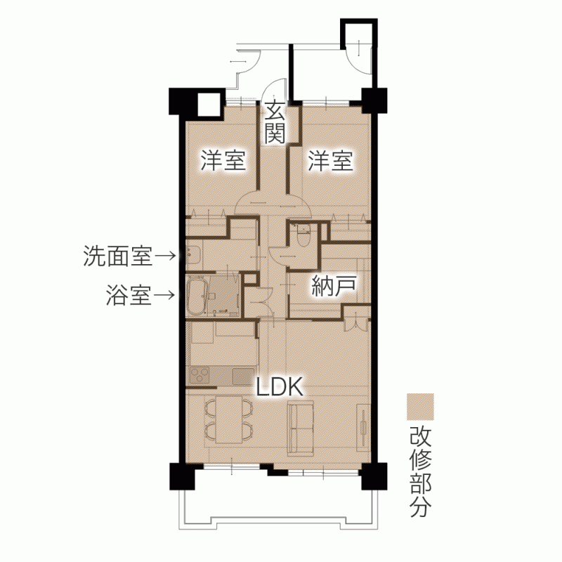 和室の間取り変更で広々LDK＋大容量の納戸を実現 モダンインテリアの内装へ　平面図