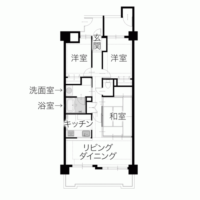 和室の間取り変更で広々LDK＋大容量の納戸を実現 モダンインテリアの内装へ　平面図