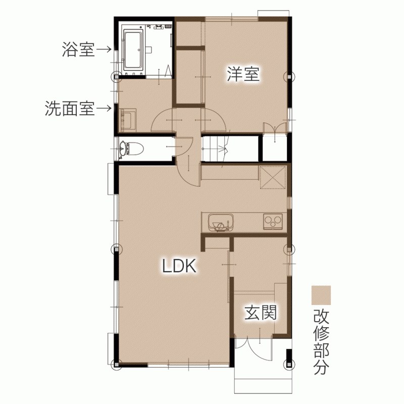 キッチンの袖壁を撤去して開放的なLDKに 間取り変更なしでイメージを一新　平面図