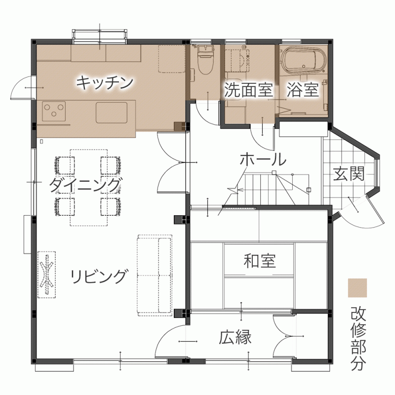 水まわり4点を刷新！キッチンは最上位モデルを採用し機能性とデザイン性がアップ　平面図