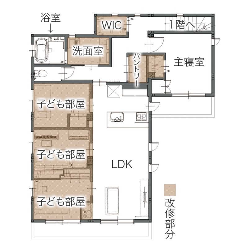 LDKに仕切り壁をいれて収納付きの子ども部屋を用意 収納計画も見直してスッキリ暮らせる住まいに　平面図