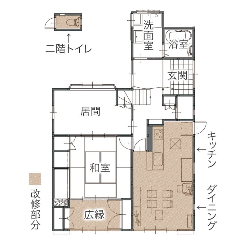 家事が楽になり料理好きなお母様も笑顔に。横並びレイアウトのダイニングキッチン　平面図