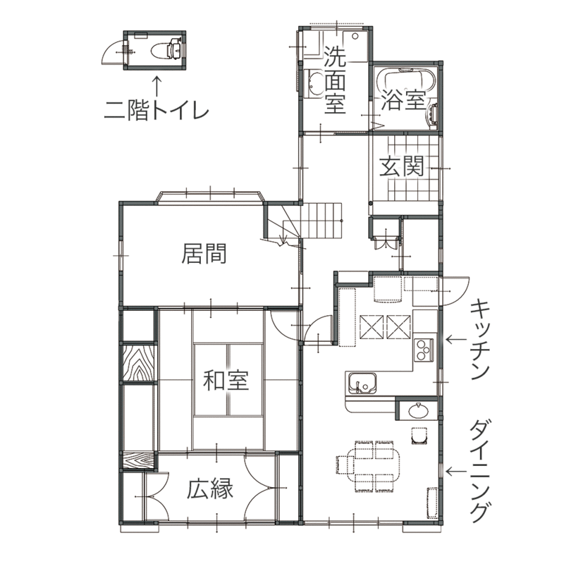 家事が楽になり料理好きなお母様も笑顔に。横並びレイアウトのダイニングキッチン　平面図