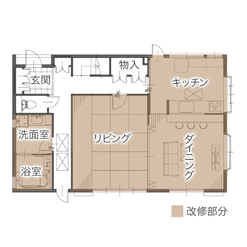 親御様から受け継いだお住まいを快適に！新旧が調和したLDKリフォーム　平面図