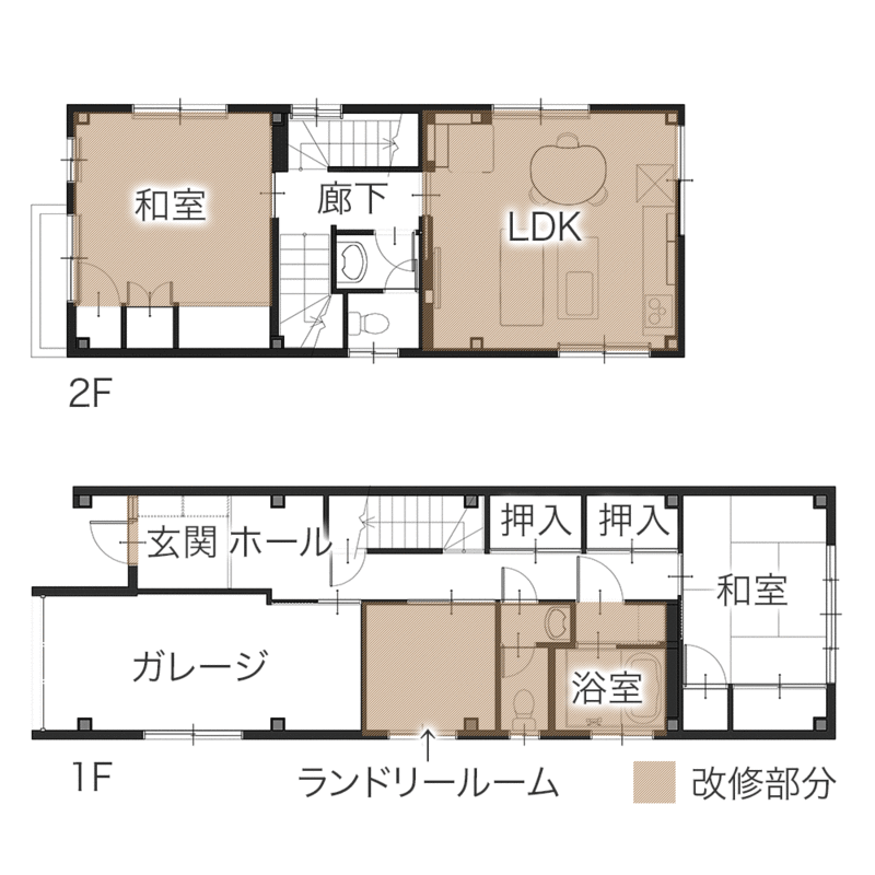 Ⅱ型キッチンで実現！シック＆モダンな快適LDKリフォーム　平面図