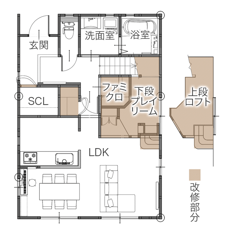 ロフト造作で叶えた、子どもたちがのびのび育つ家　平面図