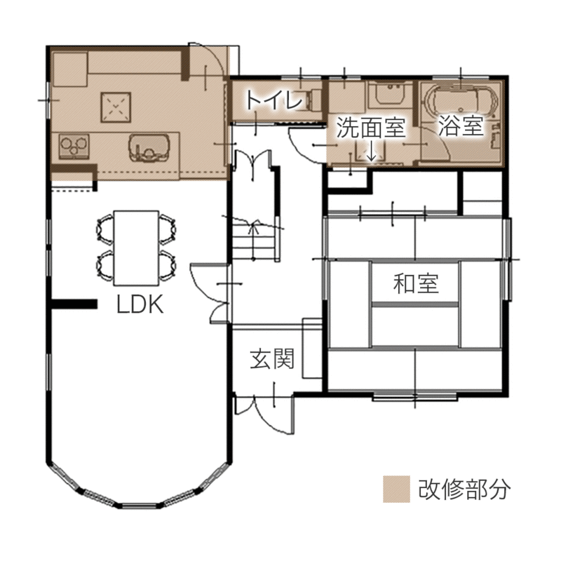 ホームパーティーを楽しむ開放キッチンリフォーム　平面図