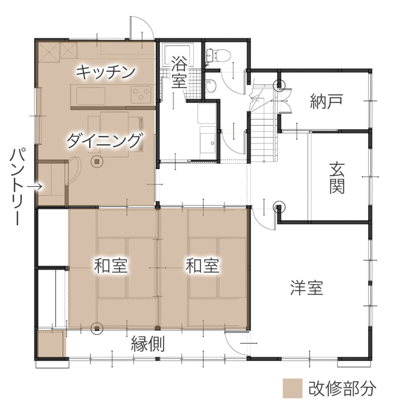 廊下を活かした対面キッチンと和モダン空間　平面図