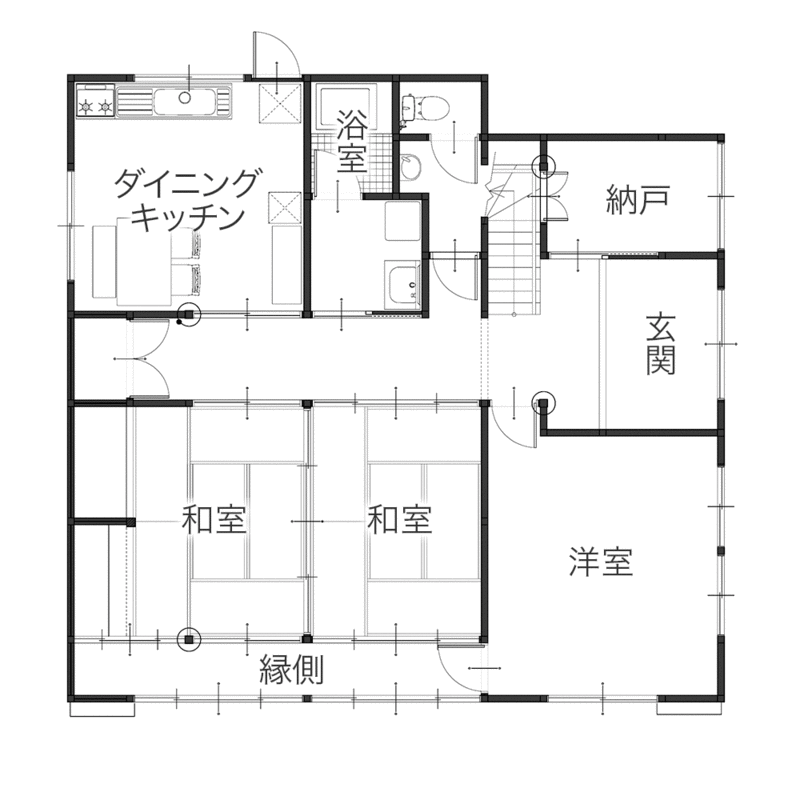 廊下を活かした対面キッチンと和モダン空間　平面図