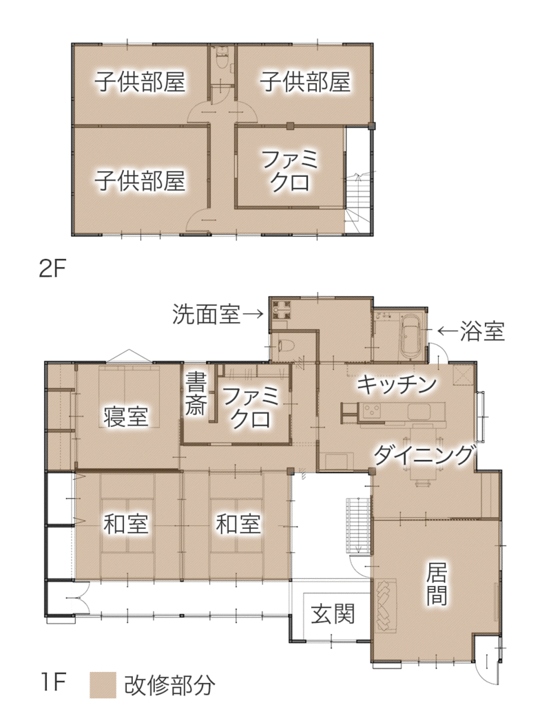 回遊動線と見守り動線で叶える子育てリノベ－ション　平面図