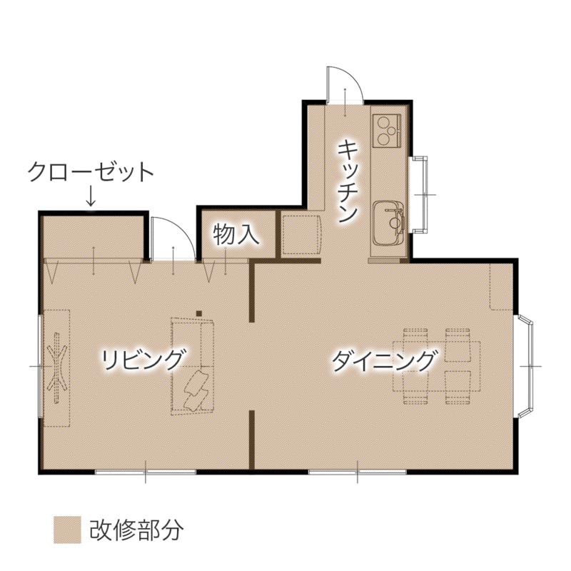 和室を取り込み叶えた、愛猫と心地よく暮らす広々LDK　平面図
