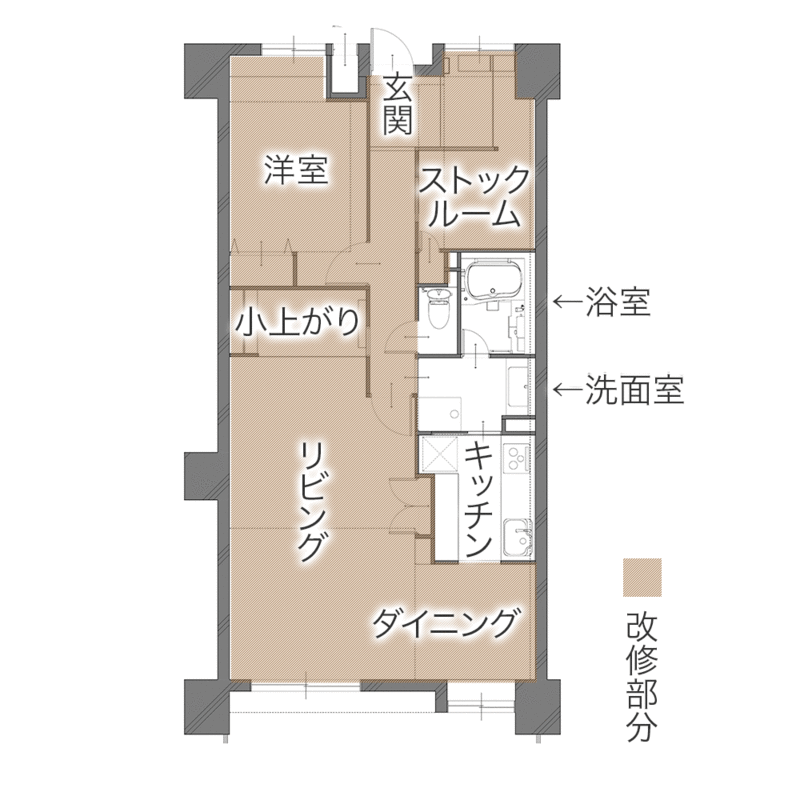 子ども部屋を土間収納へ、夫婦で楽しむ開放的なLDK　平面図